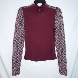 FREE PEOPLE Retro Contrast Sleeve Eve Top In Wine SMALL